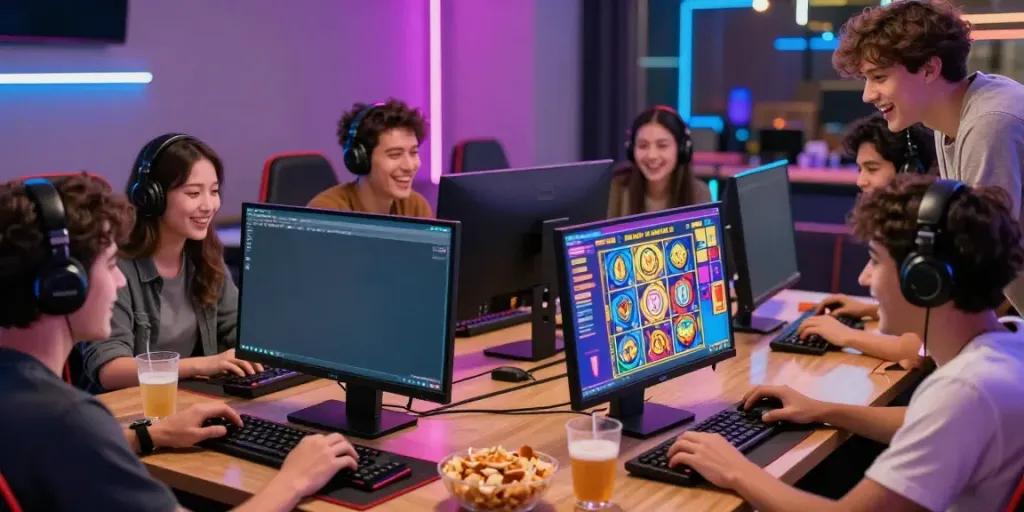 Group enjoying judi slot game together in a lively gaming environment.