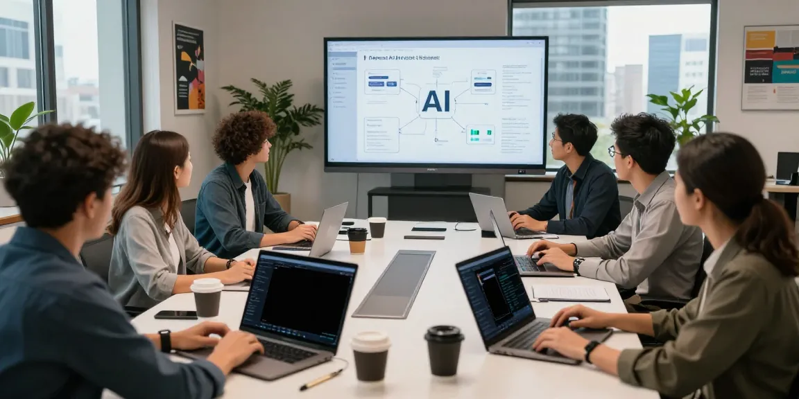 Team collaboration in Enterprise AI development featuring laptops and analytics in a modern workspace.