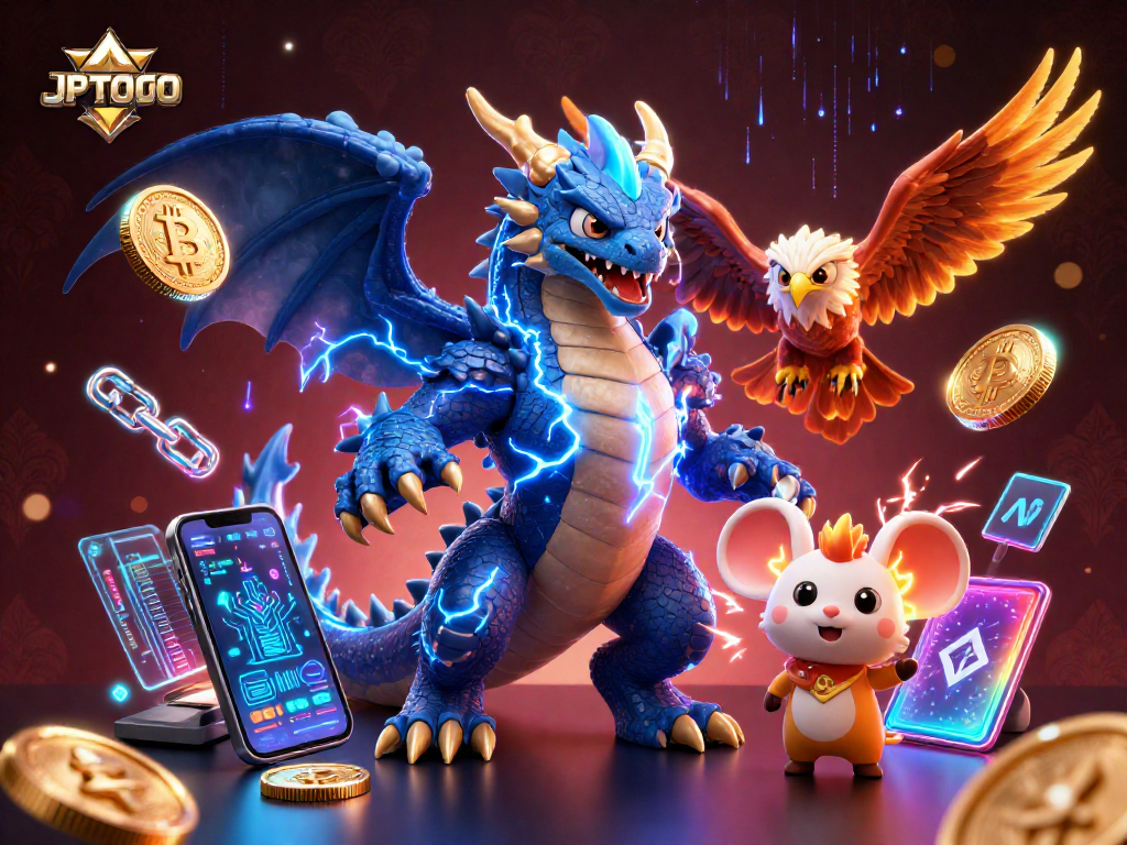 Engage with thrilling gameplay at JPTOTO through vivid 3D illustration featuring vibrant characters and crypto elements.