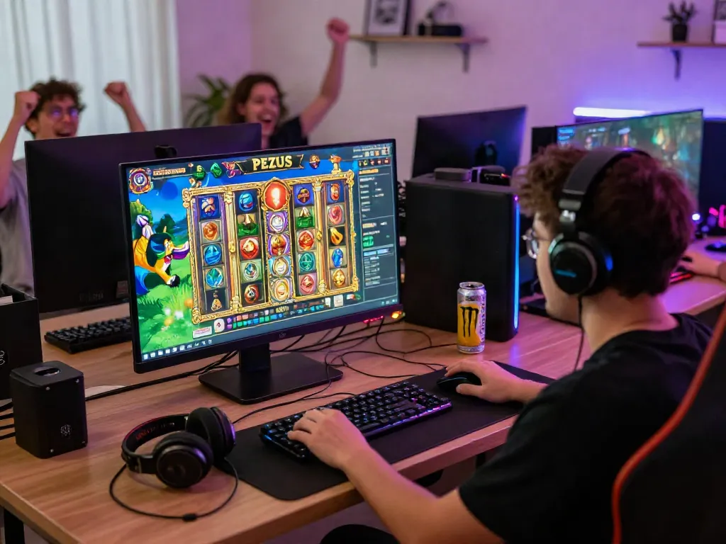 Pengguna bermain slot zeus online dengan semangat, dikelilingi aksesori gaming dan suasana ceria.
