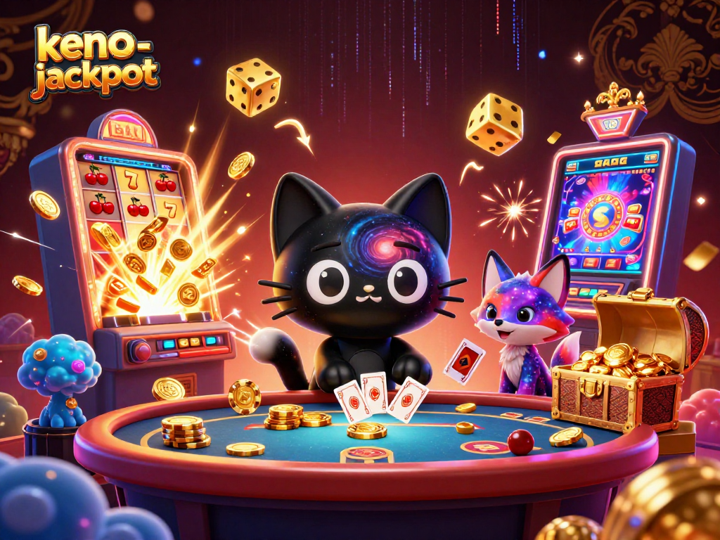 Experience the thrill of keno-jackpot with a vibrant 3D cosmic casino scene featuring winning characters and dynamic elements.
