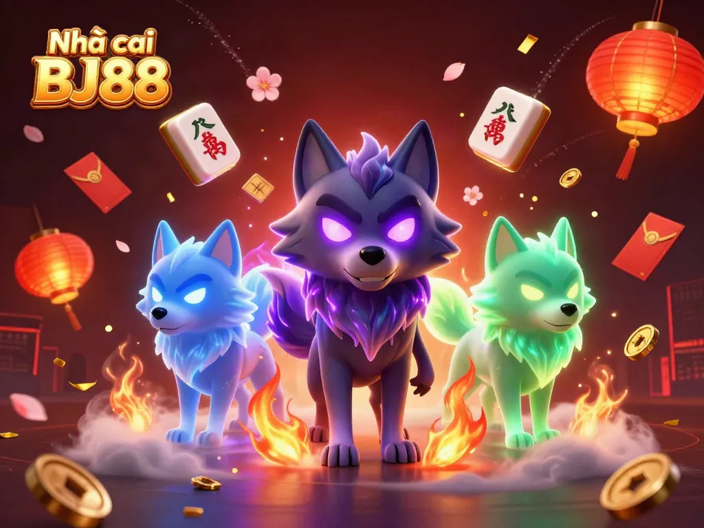 Engage with Nhà cái BJ88's vibrant 3D casino experience featuring mystical wolves and festive game elements.