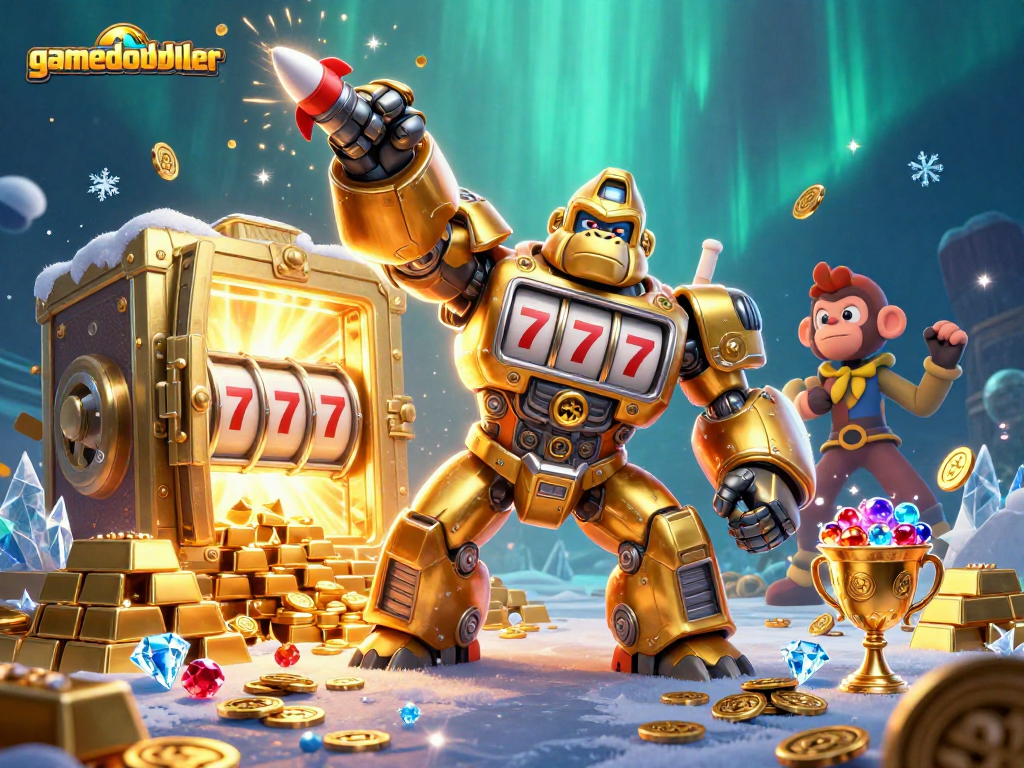 Experience gamedoubler's thrilling action with a golden gorilla mech in a vibrant casino scene.