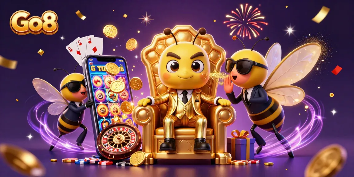 Engage with Go8's thrilling slot games amidst a vibrant casino atmosphere with unique characters.