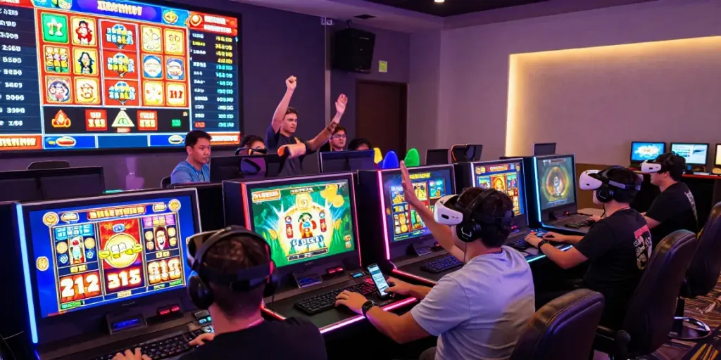 Players enjoying exciting slot games with vibrant graphics and real-time jackpots in a lively online casino setting.