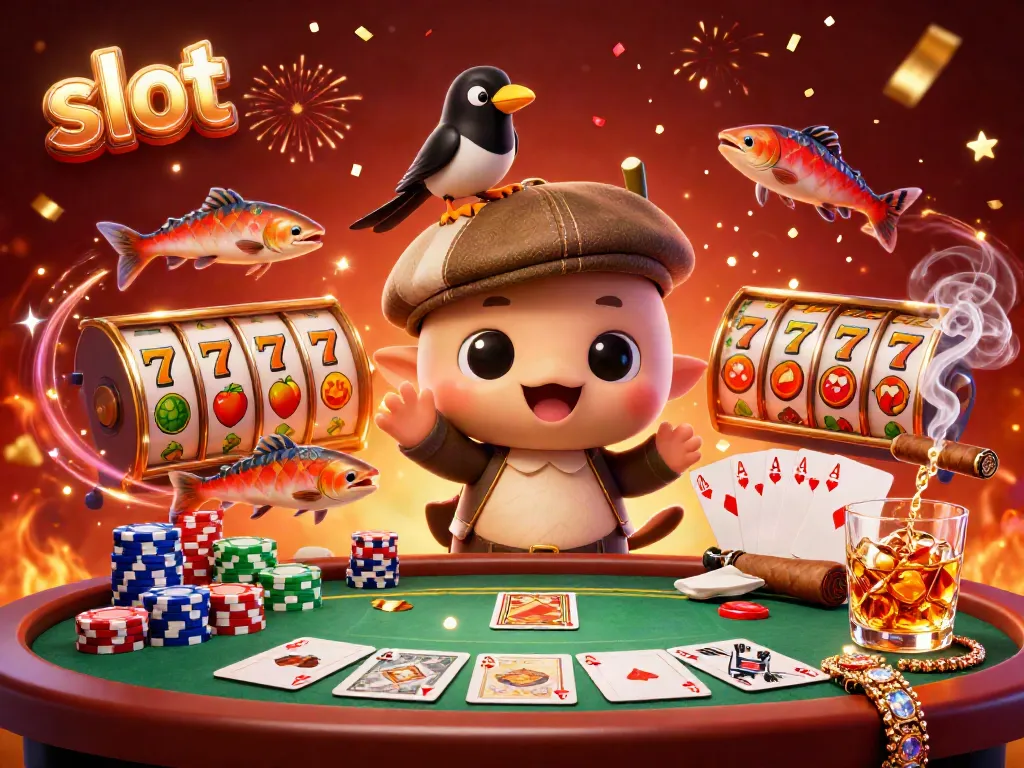Memainkan slot dengan karakter kartun lucu, koin emas, dan elemen kasino di sekitar mereka.