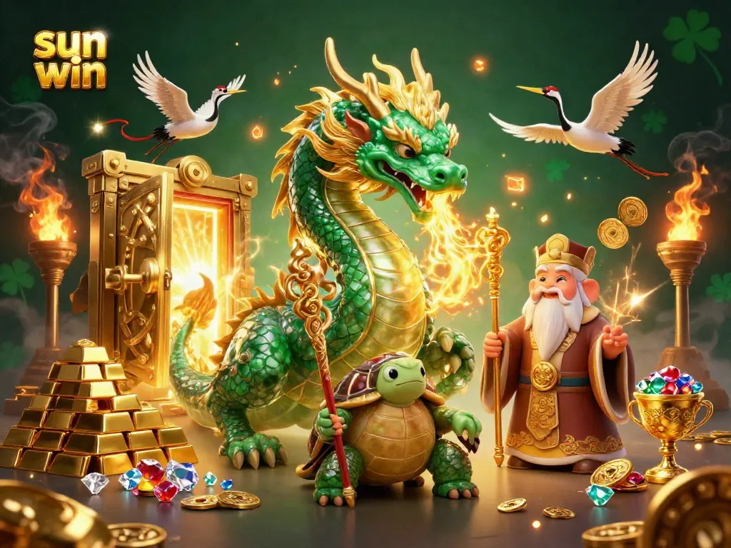 Experience the excitement of sun win with a massive dragon, treasures, and vibrant casino elements!