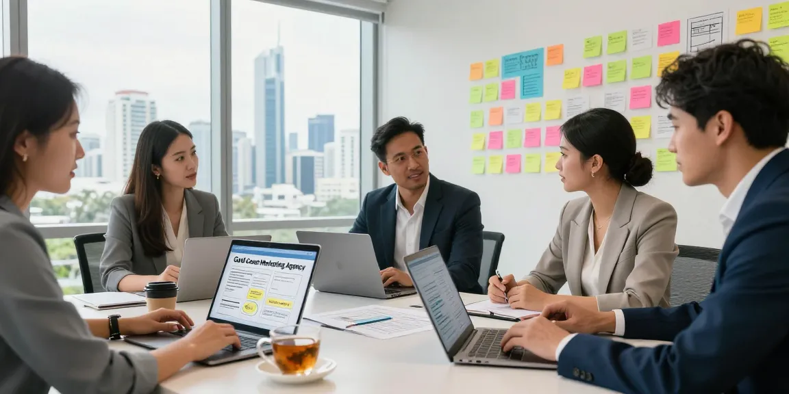 Team collaboration at a Marketing Agency Gold Coast discussing strategies in a modern office.