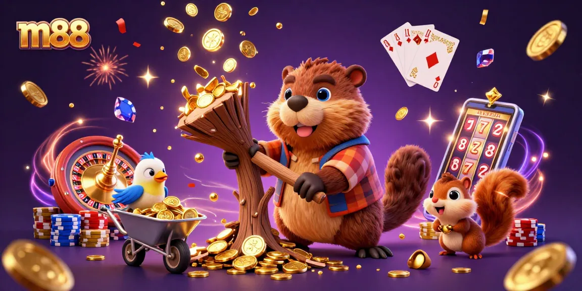 M88 offers an exciting online gaming experience, featuring dynamic illustrations of beavers and cards in a colorful casino setting.