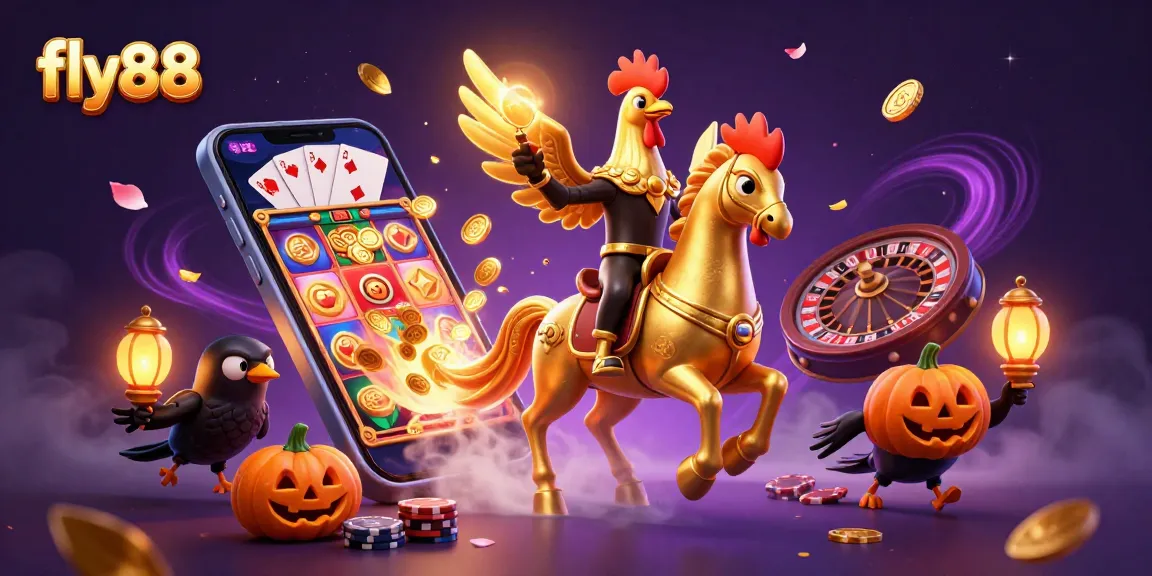 Experience thrilling games at fly88, featuring a golden rooster and dynamic casino elements illuminating the scene.