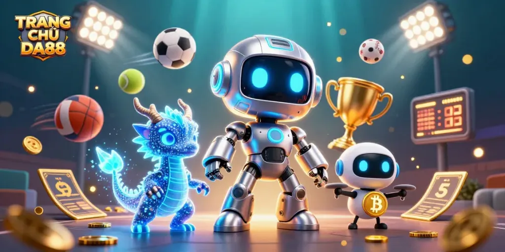 Engage with TRANG CHỦ DA88, featuring a vibrant 3D casino scene with futuristic characters and dynamic sports betting elements.