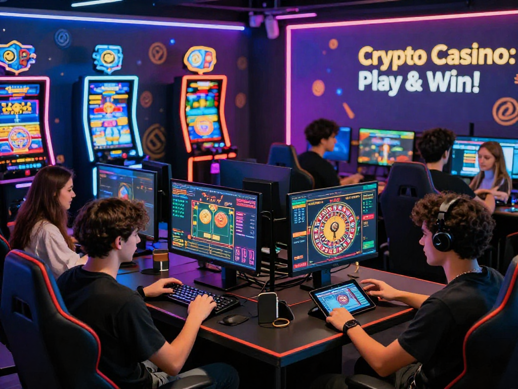 Exciting crypto casino gaming scene with players interacting on screens and vibrant lighting.