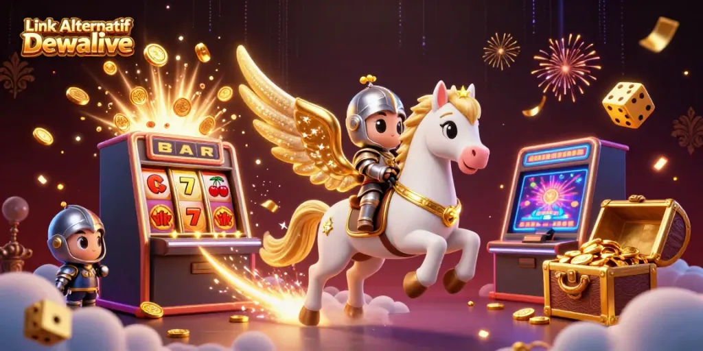 Experience exciting gameplay with Link Alternatif Dewalive, showcasing vibrant casino elements and characters.