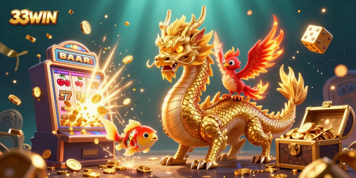 Engage with 33WIN's thrilling gaming experience featuring a golden dragon, phoenix, and koi fish amidst dynamic casino elements.