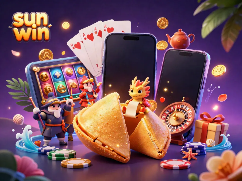 Engage in exciting gambling with sun win, featuring a dynamic casino scene filled with golden coins, slot games, and charming characters.