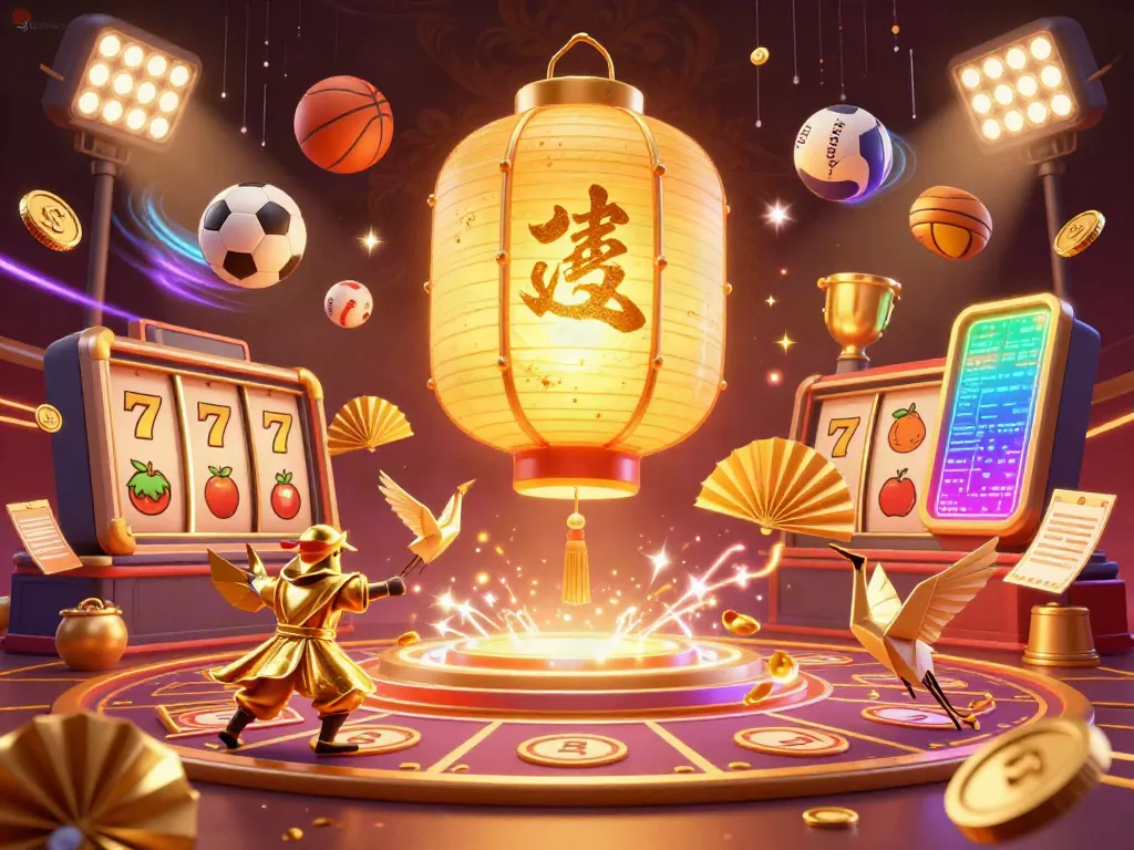 Experience exciting gameplay at link slot with a vibrant, immersive casino scene featuring golden lanterns, dynamic game elements, and pulsating effects.