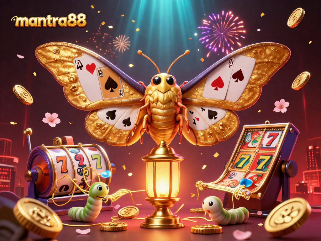 Experience the excitement of mantra88 with vibrant slot reels, golden coins, and lively casino elements.
