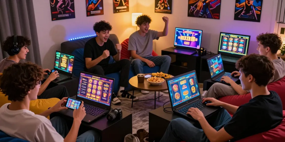 Diverse friends enjoying online slots at wd138.com in a cozy gaming environment with vibrant graphics.