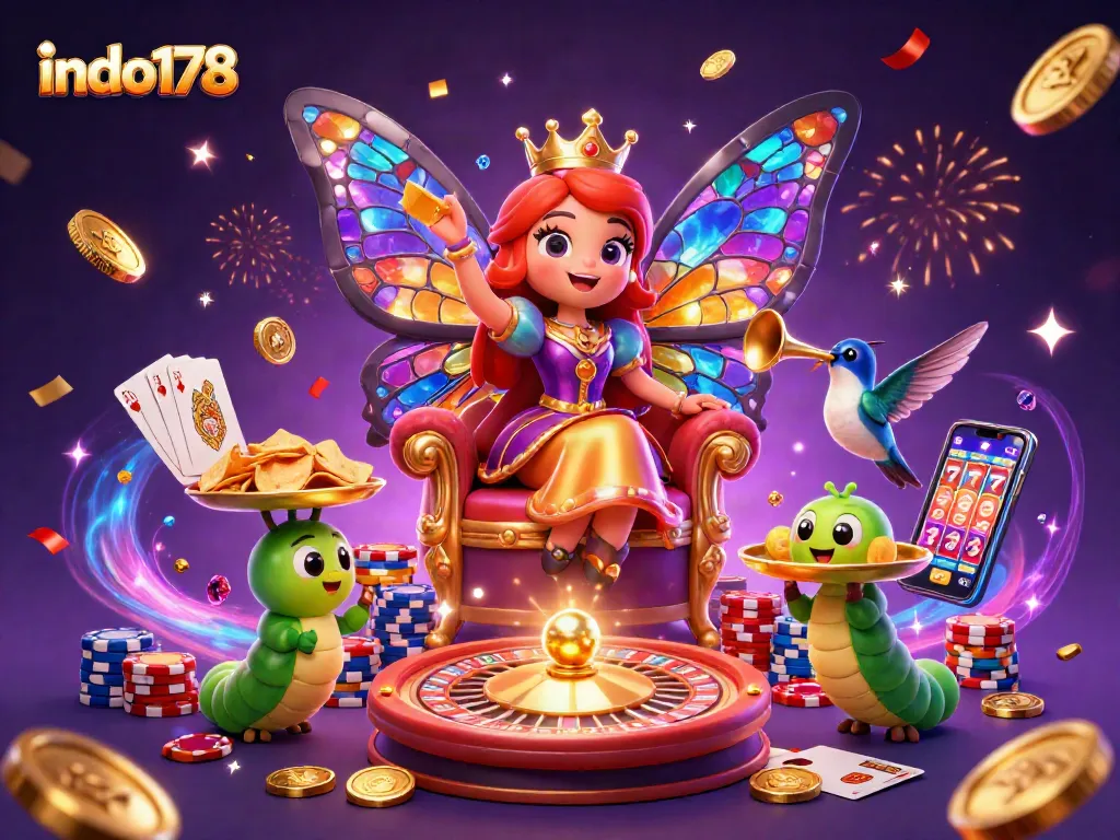 Experience the thrill with indo178's vibrant casino scene, featuring games and celebratory elements.