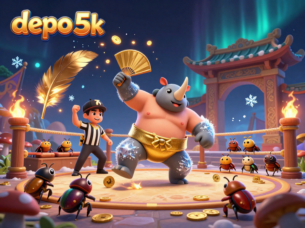 Experience the excitement of depo 5k as vibrant characters and gold coins fly in a dynamic gambling scene.