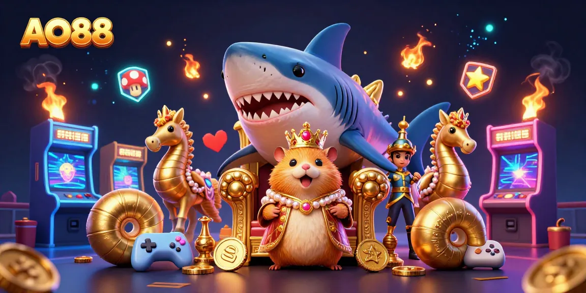 Spin to win at AO88 with a golden hamster king and magical casino-themed arcade.