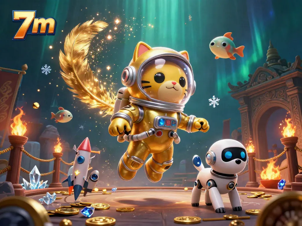 Experience the thrilling moment where 7 m meets cosmic gaming, showcasing a vibrant scene of a space cat and dog in a nebula.