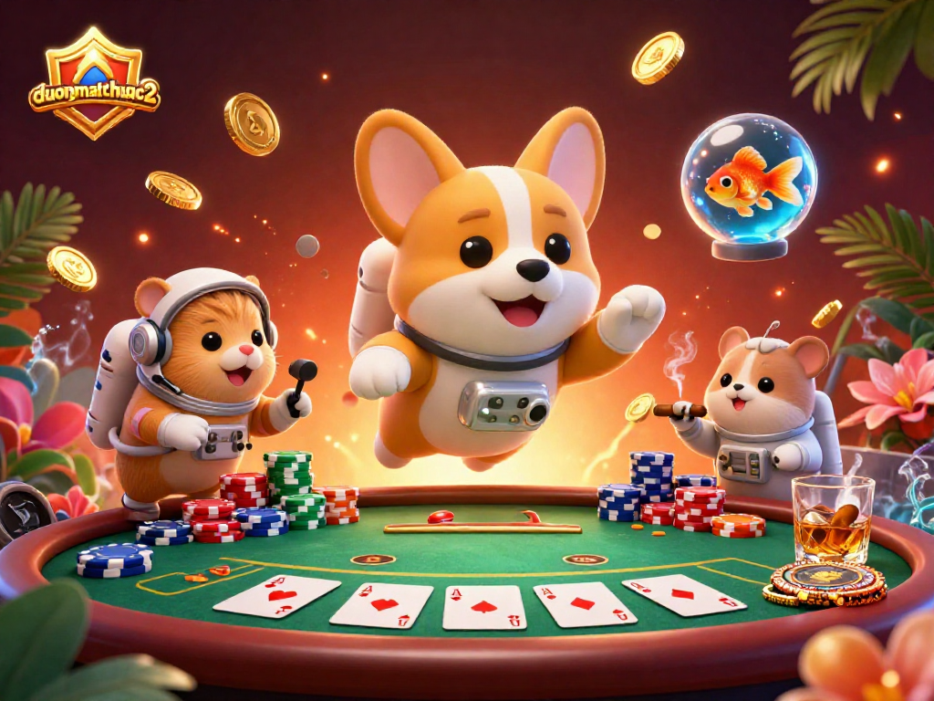 Experience duongmatchuoc2 with a lively 3D casino scene featuring a floating astronaut corgi surrounded by poker elements.