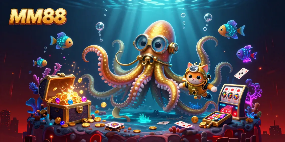 Engage with MM88's vibrant gambling world featuring monstrous kraken and diving cat in an action-packed casino scene.