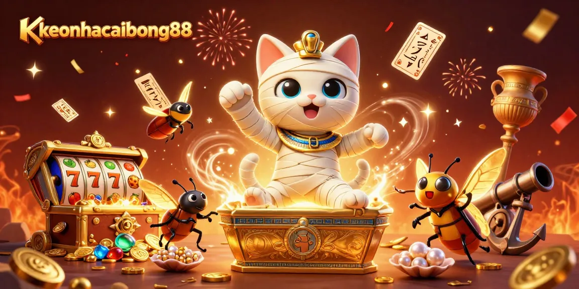 Engage with keonhacaibong88 as the mummy cat wins at the pyramid casino amid vibrant gaming elements.