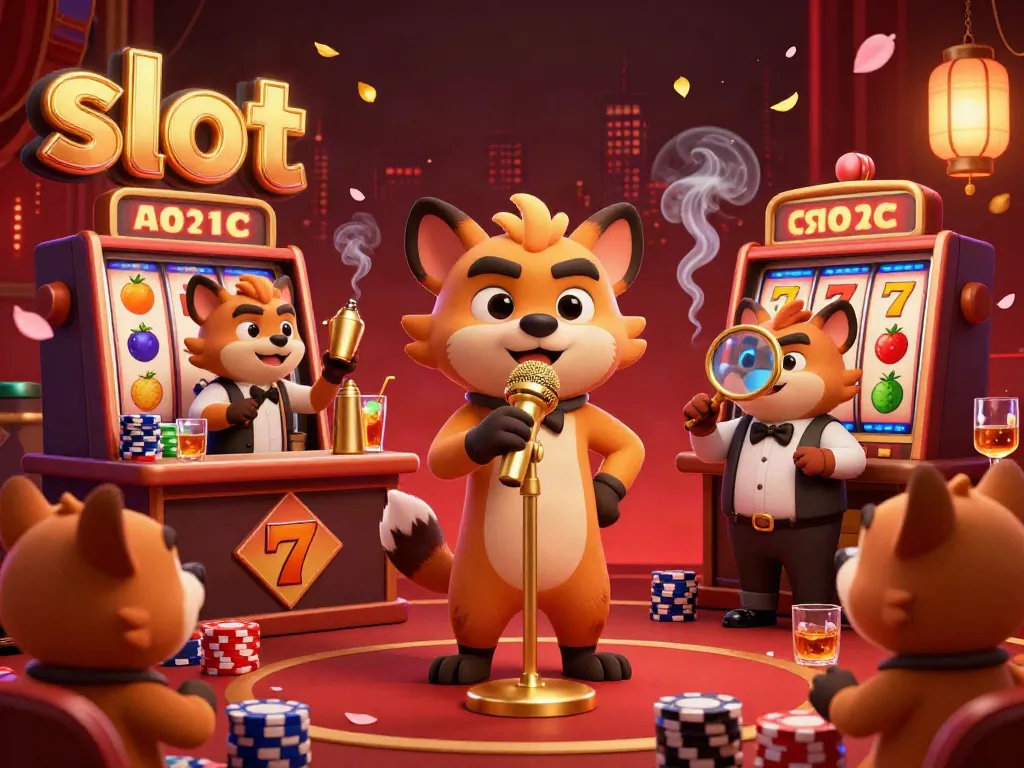 Hyena comedian performing at a vibrant casino club with slot machines and colorful poker chips.