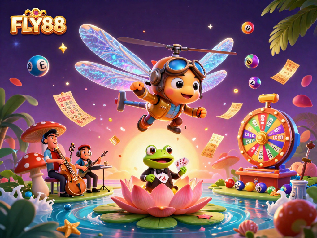 FLY88 dragonfly pilot hovering near a lily pad casino with colorful lottery balls and vibrant gaming elements.