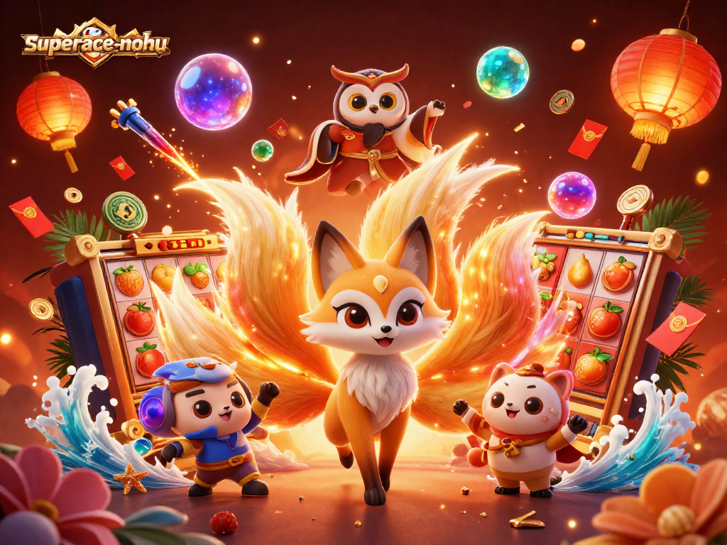 Spin the reels in superace-nohu, featuring a dynamic scene with vibrant characters and casino elements.