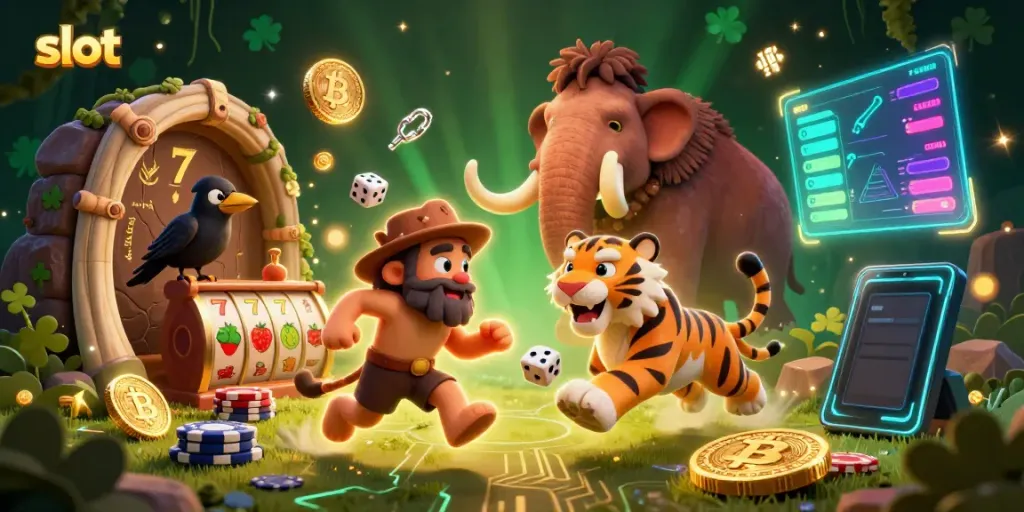 Engage with exciting slot gameplay at a dynamic prehistoric casino featuring vibrant characters and rich elements.
