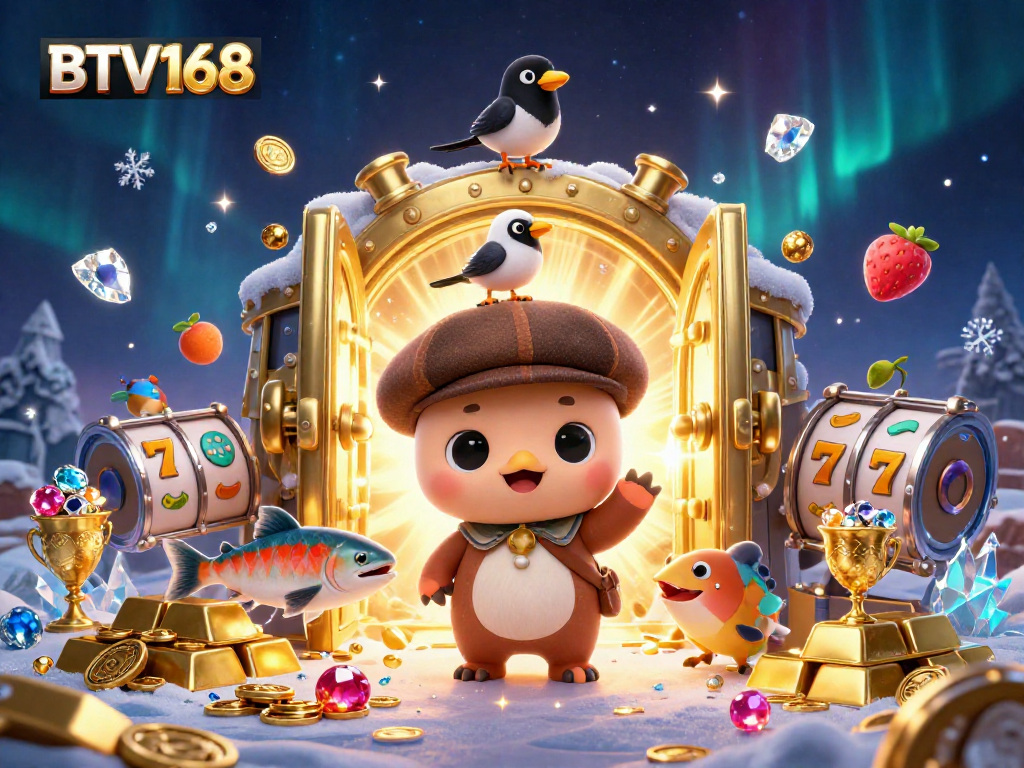 BTV168 brings excitement with a playful Loch Ness monster and slot reels surrounded by treasures