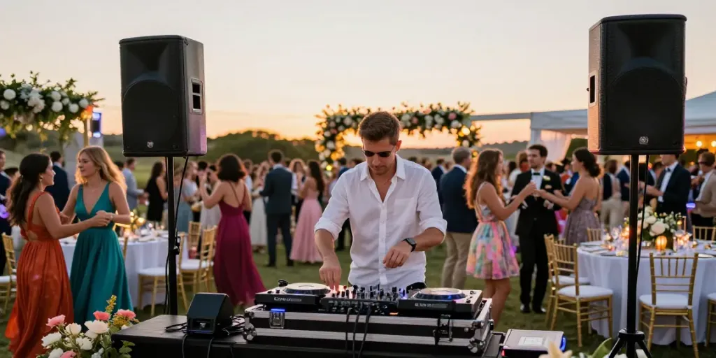 Hochzeit DJ Berlin Brandenburg, DJ bei einer lebhaften Hochzeitsfeier mit tanzenden Gästen und festlicher Beleuchtung.