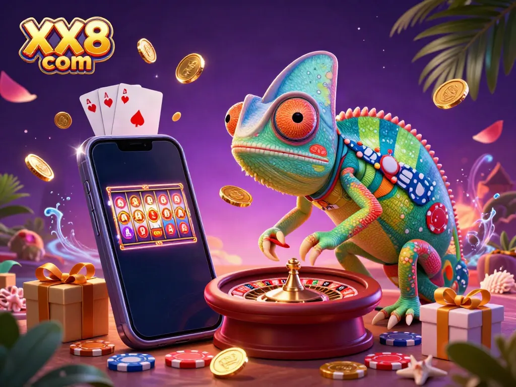 Engage with thrilling casino fun at XX8 com with a captivating gaming scene featuring a chameleon casino owner and vibrant slot elements.