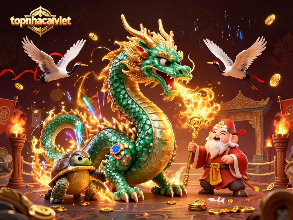 Experience topnhacaiviet with a jade dragon, turtle sage, and lucky cranes in a vibrant casino atmosphere.