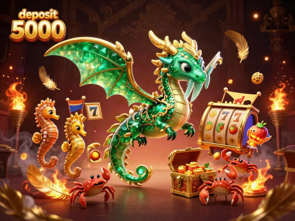 Experience the thrill of deposit 5000 with a vibrant 3D casino scene, featuring a majestic sea dragon and slot game elements.