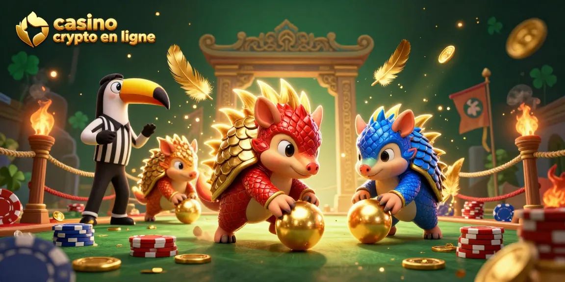 Les pangolins rivaux jouent dans un casino crypto en ligne animé entourés de jetons d'or.