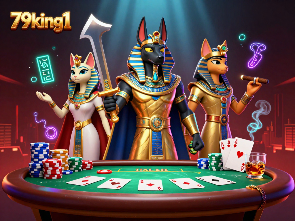 Participate in high-stakes poker at 79king1 featuring Anubis and Bastet among colorful chips.