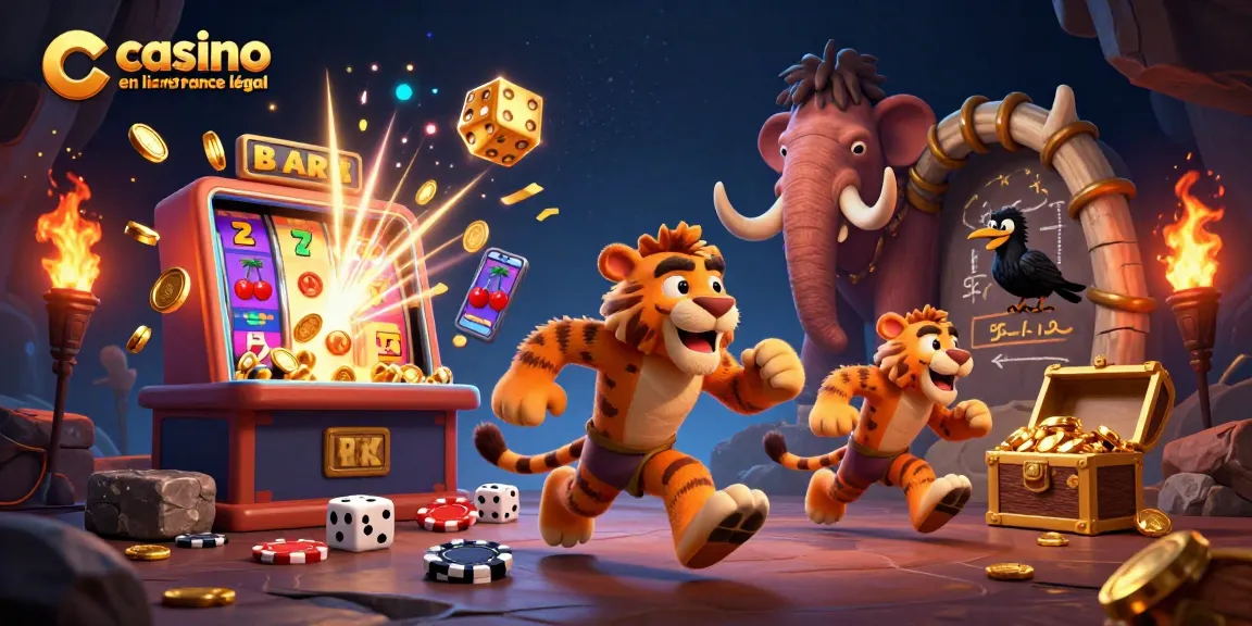 Une illustration détaillée du duo homme des cavernes et tigre dans un casino, évoquant le casino en ligne légal en France avec énergie.