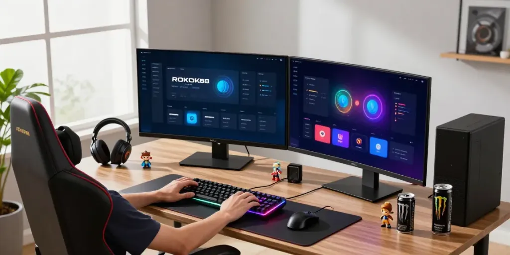 Dynamic gaming setup showcasing rokok88 slot login interface, vibrant atmosphere.