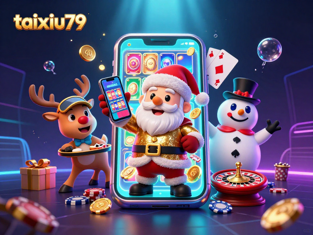 Engage with taixiu79's lively casino scene featuring Santa and friends celebrating jackpots.