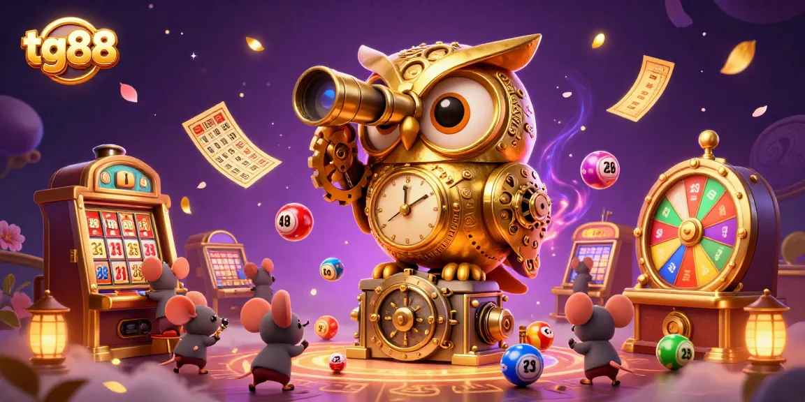 Engage in the tg88 casino thrill with a vibrant scene of dynamic lottery balls and a golden owl.
