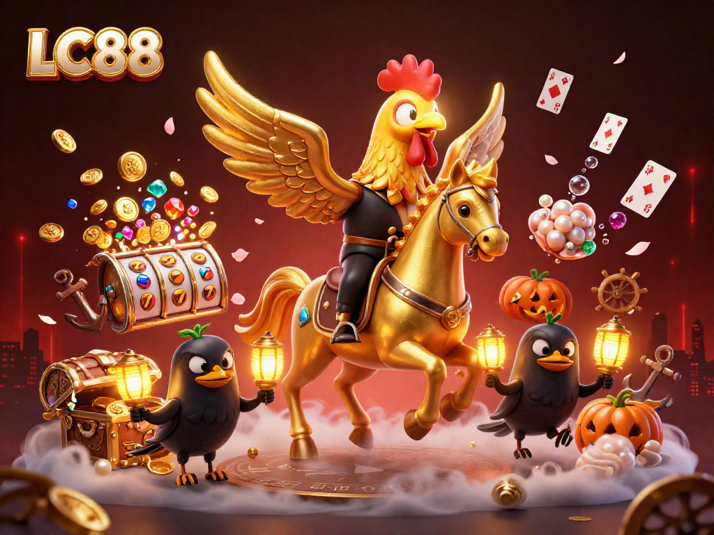 Experience thrilling gameplay at LC88, featuring a golden rooster and whimsical casino elements.