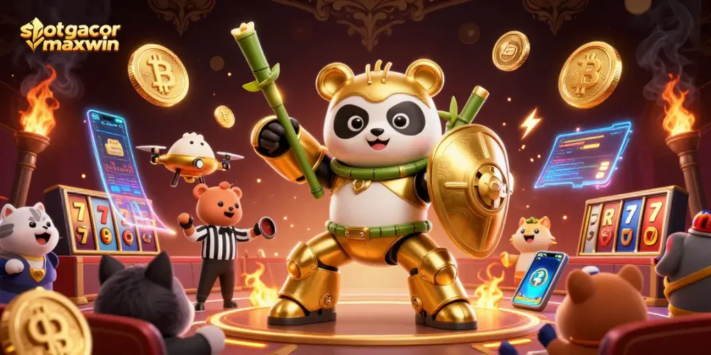 Engaging slot gacor maxwin scene featuring golden panda and dynamic gaming elements in a thrilling arena.