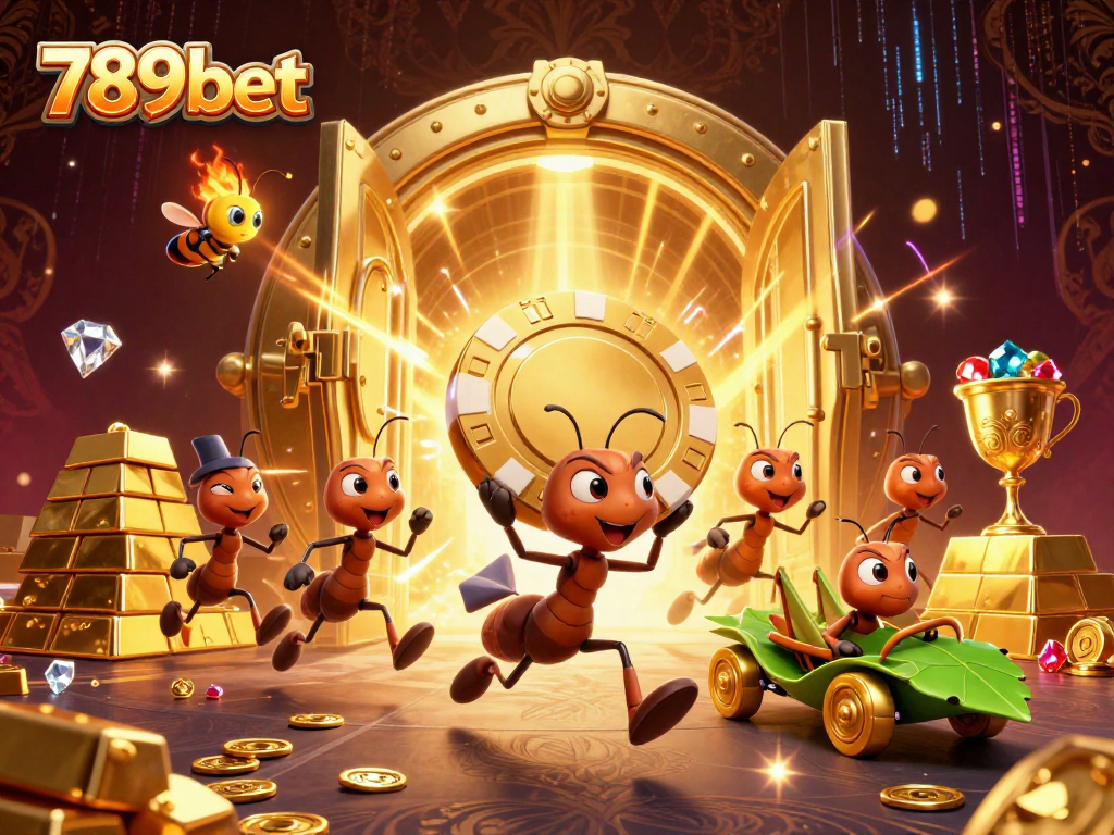 Experience thrilling moments at 789bet as cartoon ants embark on a poker heist amidst treasures.