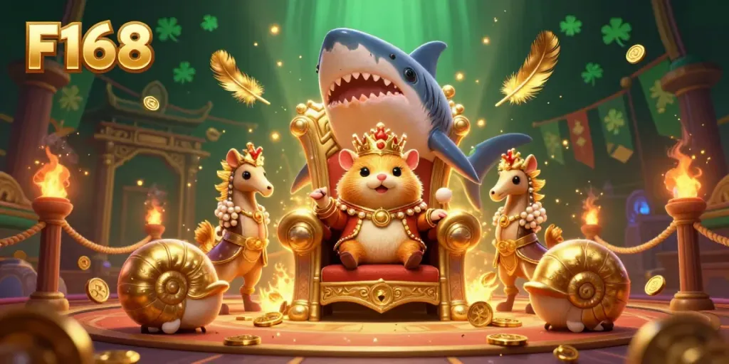 Experience the casino thrill with F168's vibrant 3D illustration featuring a hamster king, gold coins, and dynamic game action.