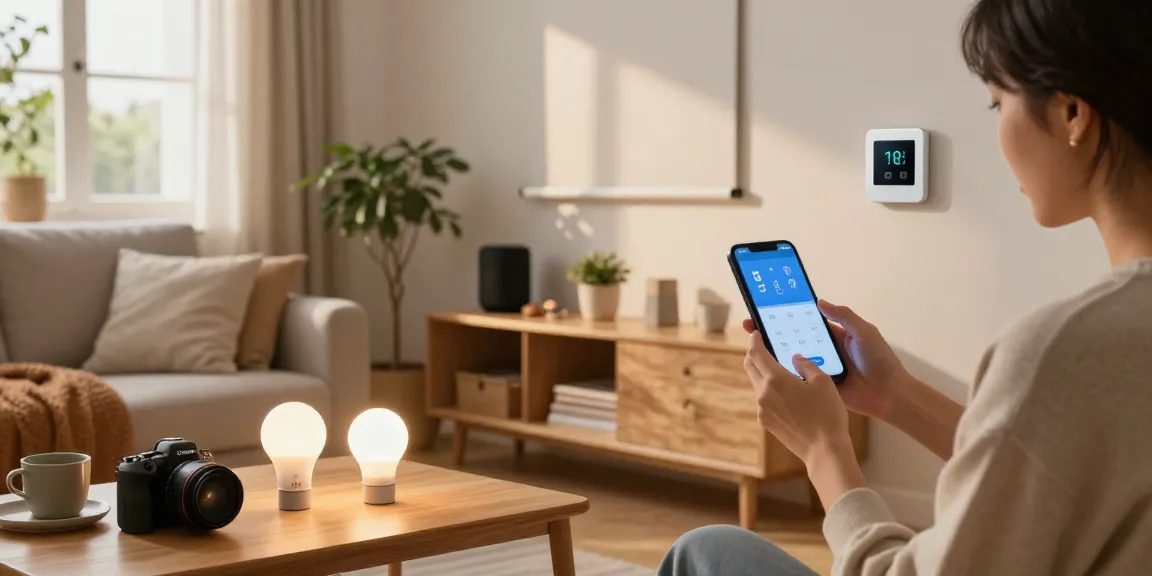 A person using IKEA smart home technology to adjust lights and ambiance in a cozy living room filled with stylish decor.