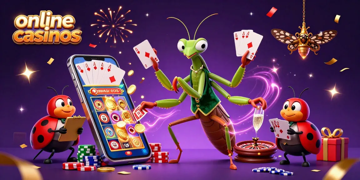 Experience the thrill of online casinos with a vibrant illustration featuring a giant mantis card sharp and rich gaming elements.